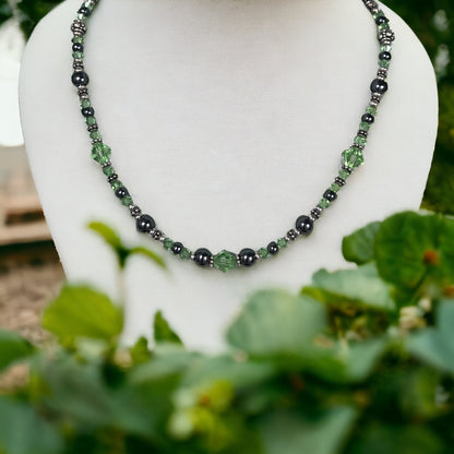 Green Peridot and Hematite Bali Necklace