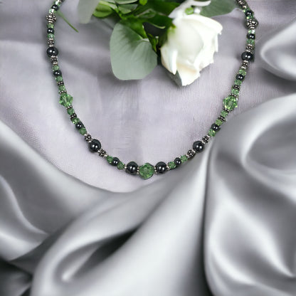 Green Peridot and Hematite Bali Necklace